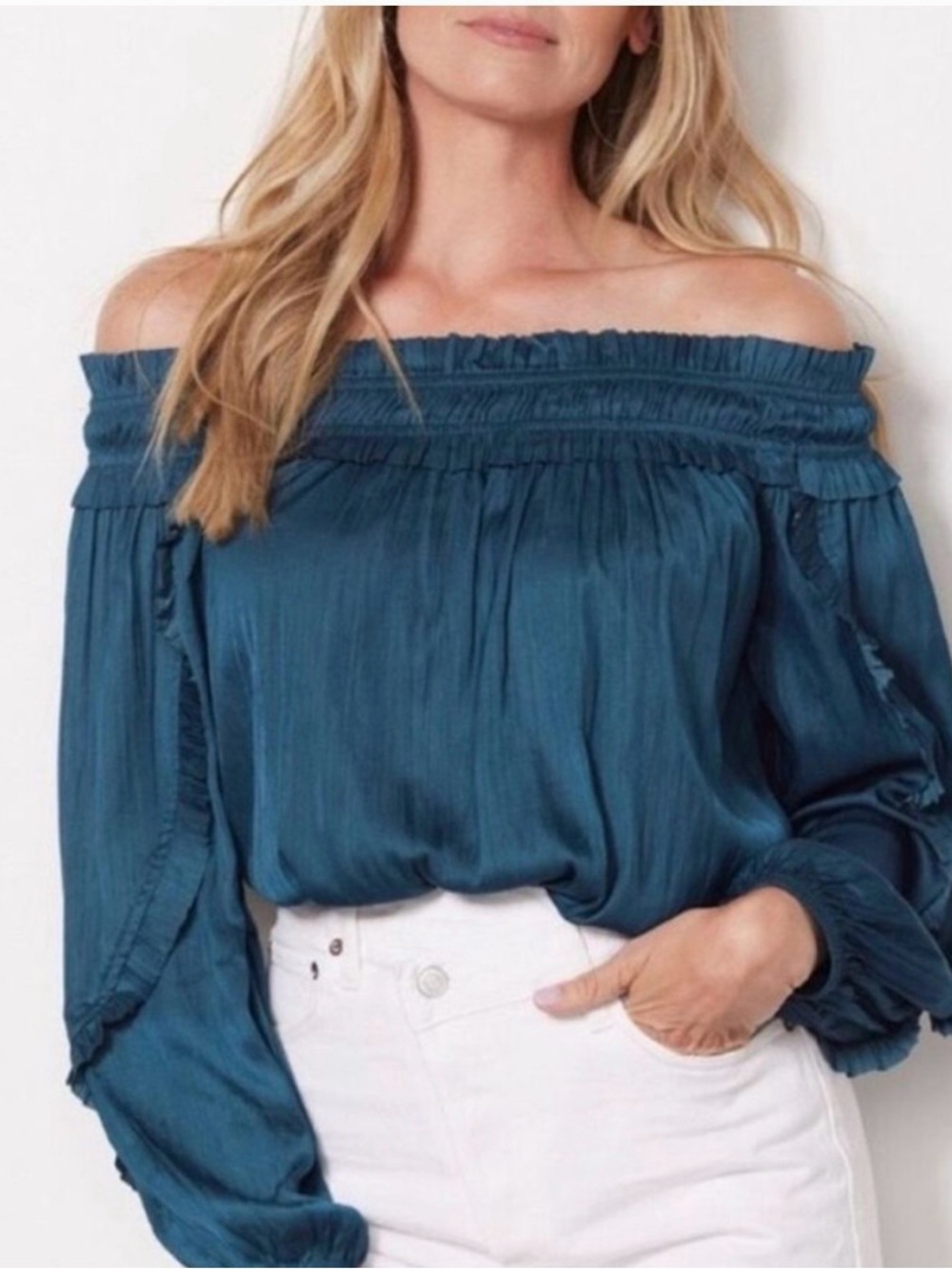 Evereve Amari Off Shoulder Blouse Teal Ruffle Long Sleeve Top Medium - Picture 1 of 10